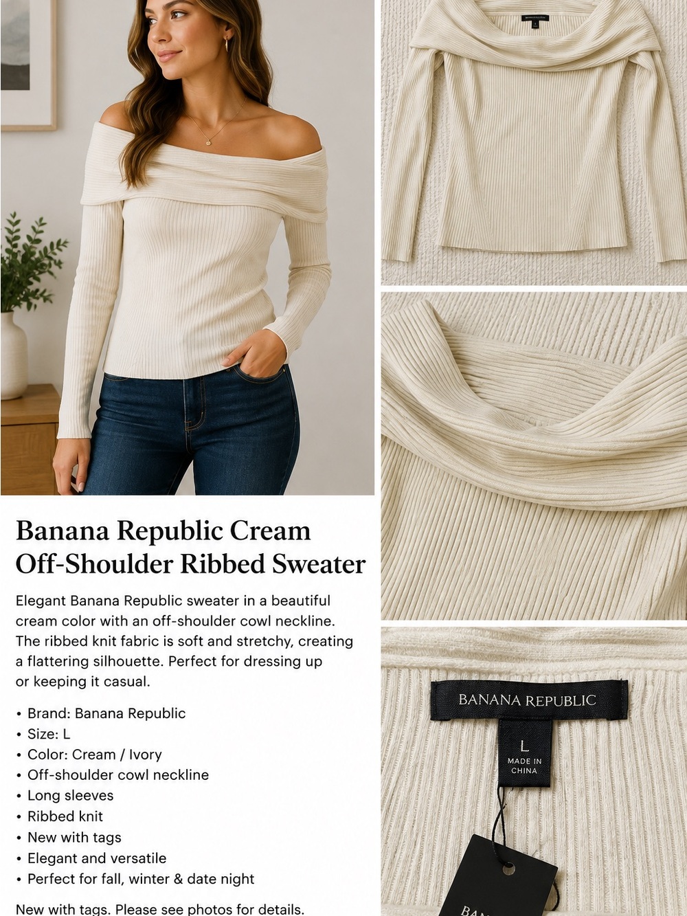 Banana Republic Cream Off-Shoulder Ribbed Sweater | Cowl Neck | Size L